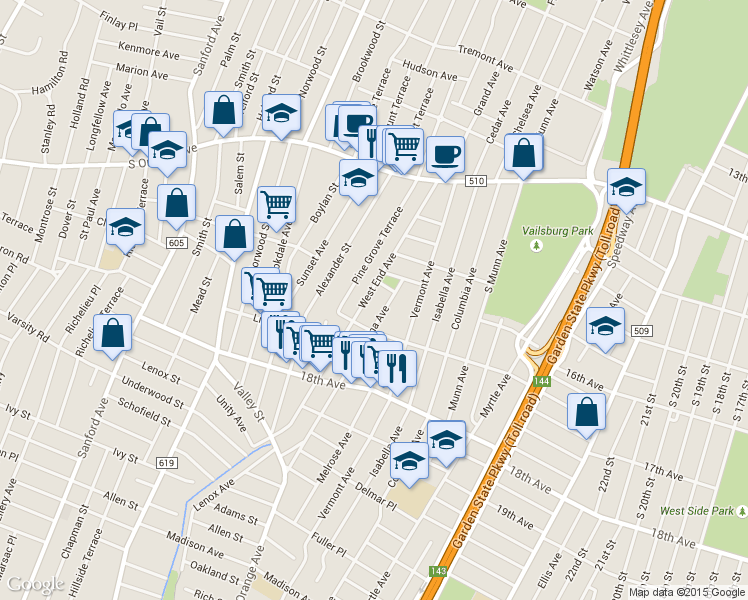 map of restaurants, bars, coffee shops, grocery stores, and more near 119 West End Avenue in Newark