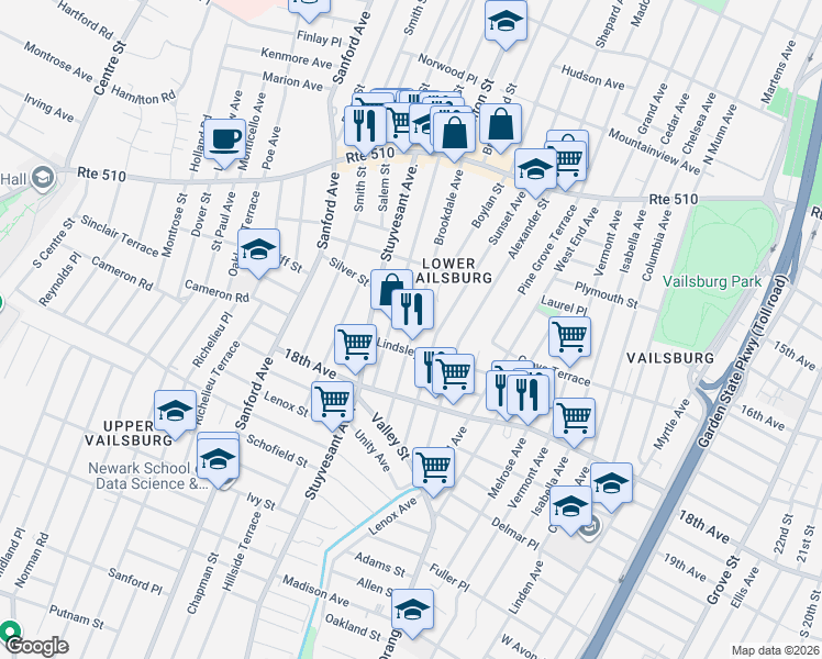 map of restaurants, bars, coffee shops, grocery stores, and more near 145 Brookdale Avenue in Newark