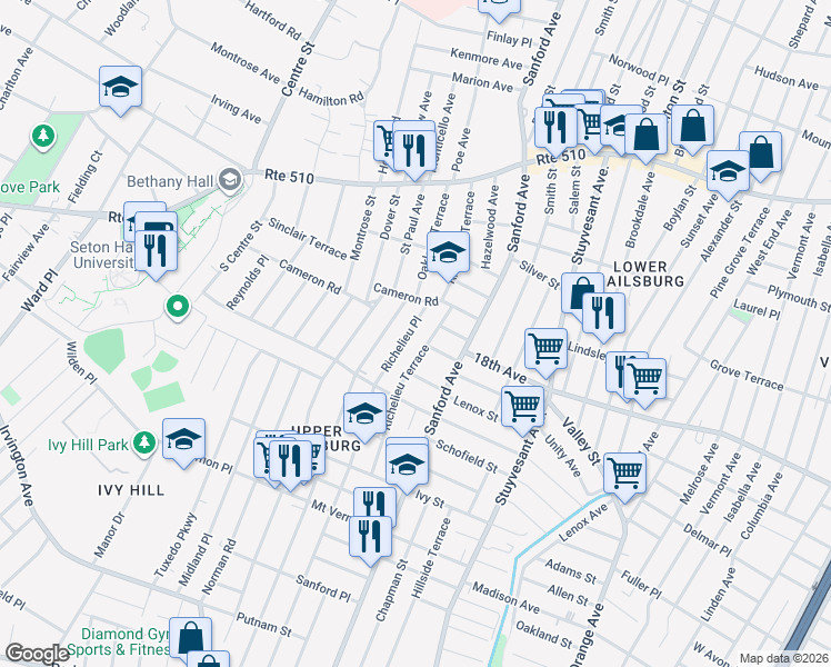 map of restaurants, bars, coffee shops, grocery stores, and more near 21 Richelieu Place in Newark