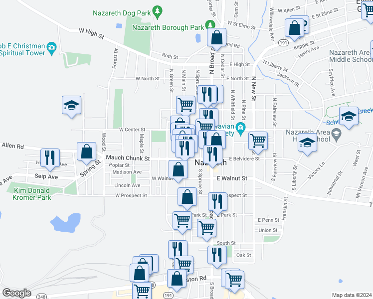 map of restaurants, bars, coffee shops, grocery stores, and more near 36 South Main Street in Nazareth