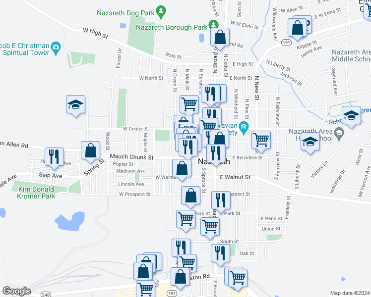 map of restaurants, bars, coffee shops, grocery stores, and more near 36 South Main Street in Nazareth