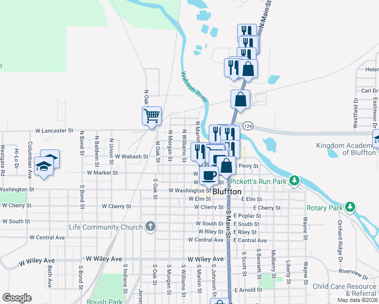 map of restaurants, bars, coffee shops, grocery stores, and more near 312 Miller Street in Bluffton