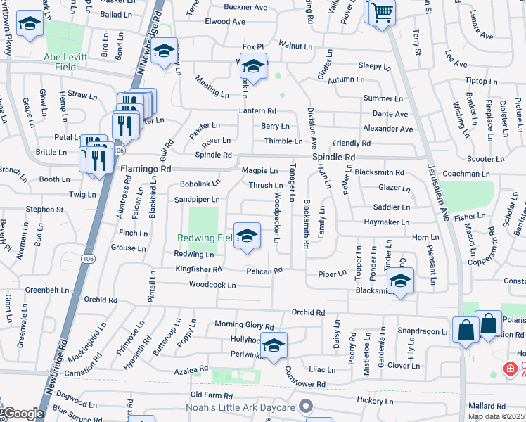 map of restaurants, bars, coffee shops, grocery stores, and more near 38 Redpoll Lane in Levittown