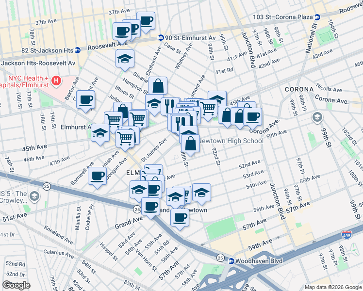 map of restaurants, bars, coffee shops, grocery stores, and more near 90-31 Corona Avenue in Queens