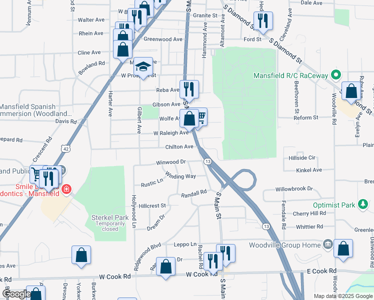map of restaurants, bars, coffee shops, grocery stores, and more near 23 Chilton Avenue in Mansfield