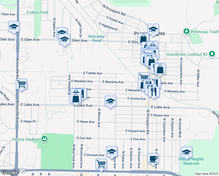 map of restaurants, bars, coffee shops, grocery stores, and more near 905 East Moneta Avenue in Peoria Heights