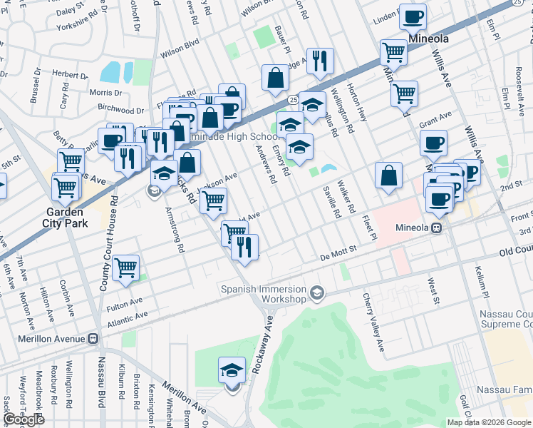 map of restaurants, bars, coffee shops, grocery stores, and more near 404 Garfield Avenue in Mineola