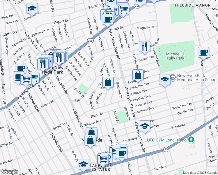 map of restaurants, bars, coffee shops, grocery stores, and more near Union Turnpike in Floral Park