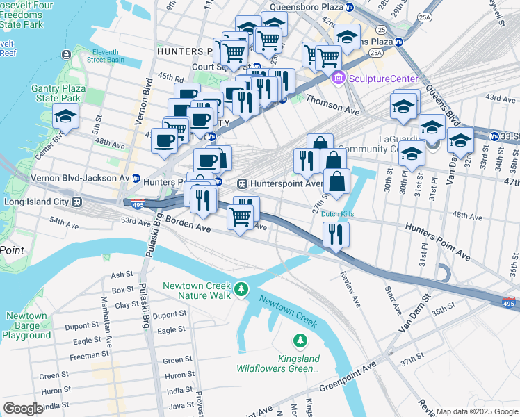 map of restaurants, bars, coffee shops, grocery stores, and more near 10 50th Avenue in Queens