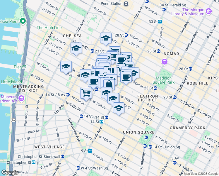 map of restaurants, bars, coffee shops, grocery stores, and more near in New York