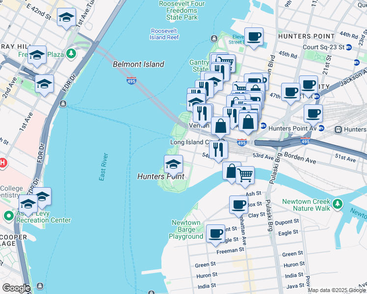 map of restaurants, bars, coffee shops, grocery stores, and more near 52-41 Center Boulevard in Queens