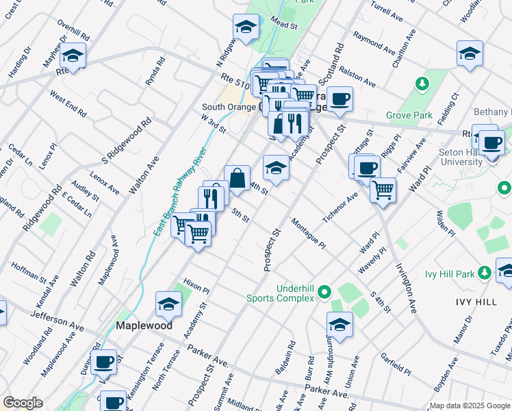 map of restaurants, bars, coffee shops, grocery stores, and more near 209 Academy Street in South Orange