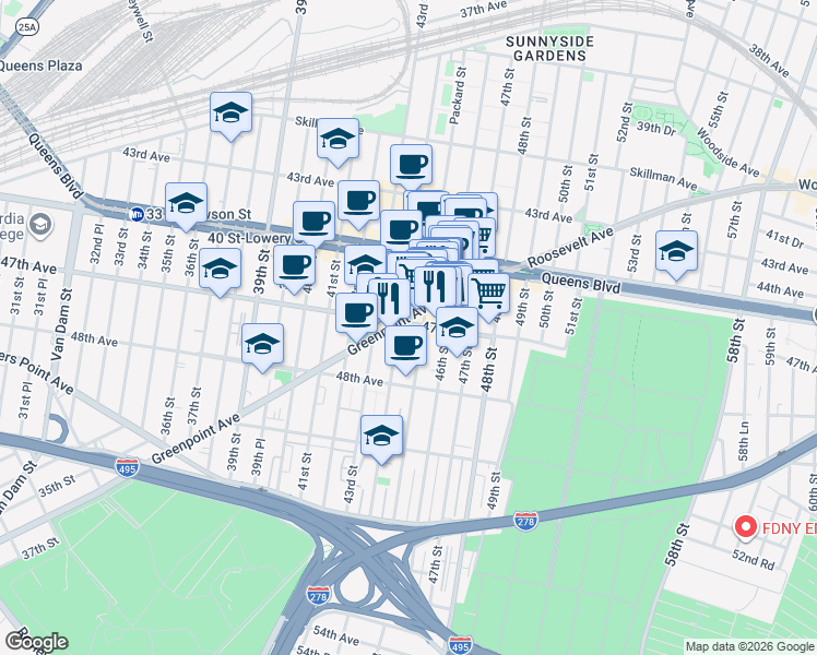 map of restaurants, bars, coffee shops, grocery stores, and more near 44-08 47th Avenue in Queens