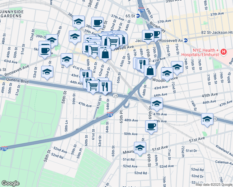 map of restaurants, bars, coffee shops, grocery stores, and more near Queens Blvd & 65th St in Queens