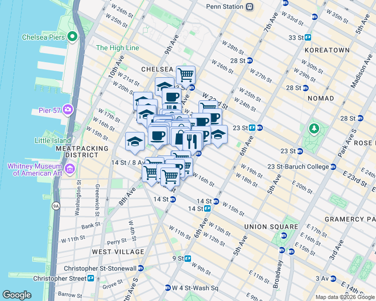 map of restaurants, bars, coffee shops, grocery stores, and more near 212 West 18th Street in New York