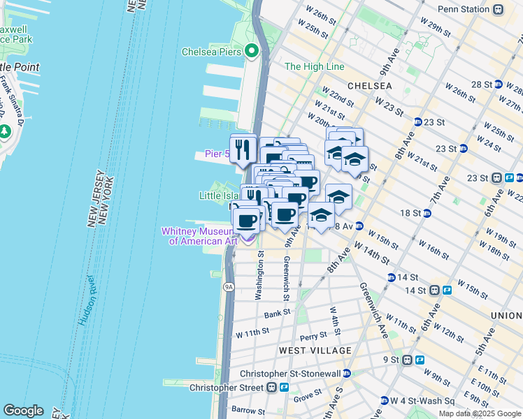 map of restaurants, bars, coffee shops, grocery stores, and more near High Line in New York