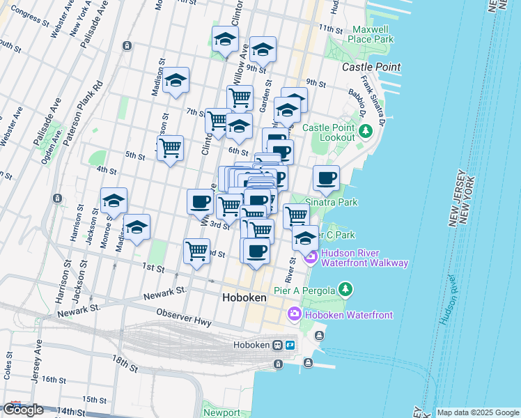 map of restaurants, bars, coffee shops, grocery stores, and more near 167 4th Street in Hoboken