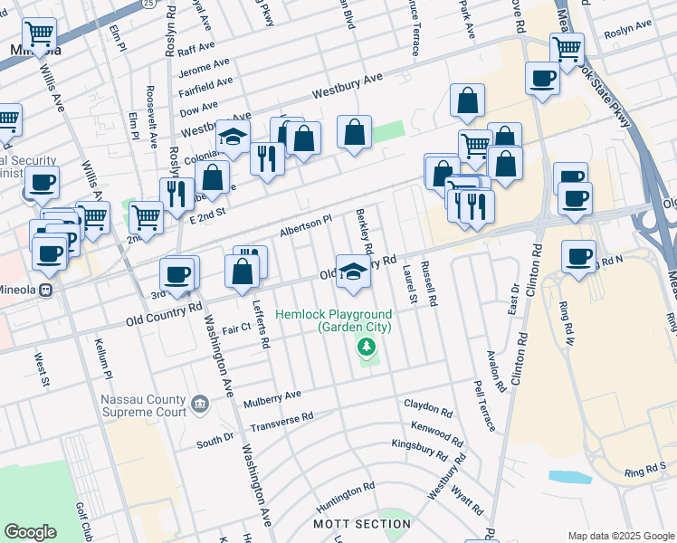 map of restaurants, bars, coffee shops, grocery stores, and more near Old Country Road in Garden City