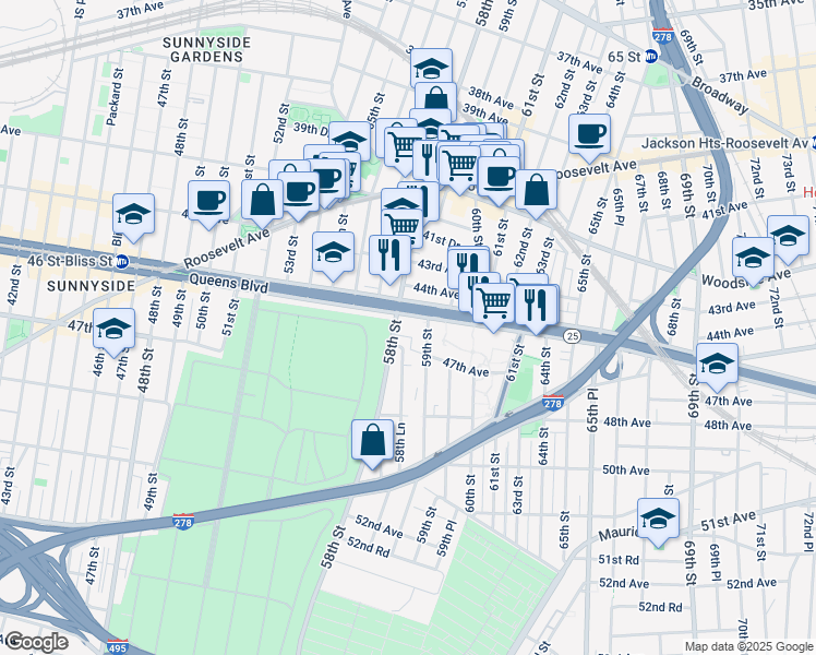 map of restaurants, bars, coffee shops, grocery stores, and more near 58-12 Queens Boulevard in Queens