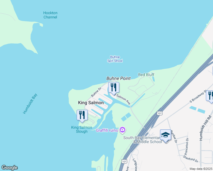 map of restaurants, bars, coffee shops, grocery stores, and more near 1361 Buhne Drive in Eureka