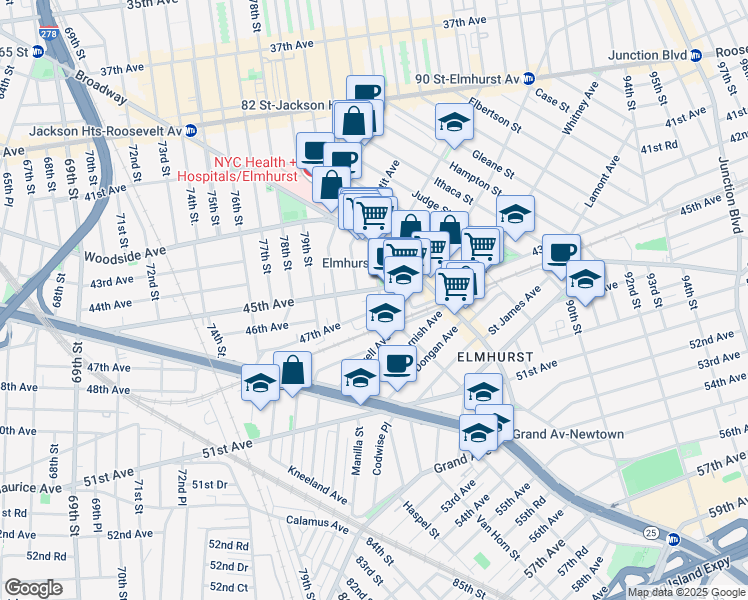 map of restaurants, bars, coffee shops, grocery stores, and more near 8052 47th Avenue in Queens