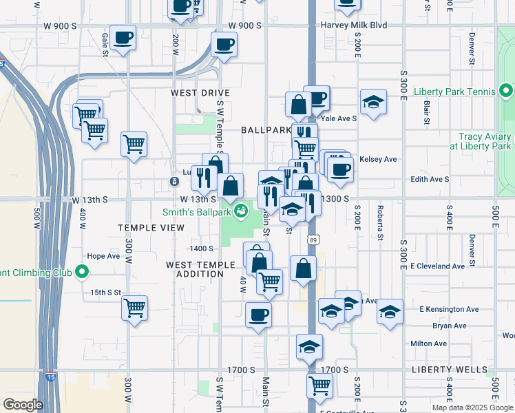 map of restaurants, bars, coffee shops, grocery stores, and more near 15 1300 South in Salt Lake City