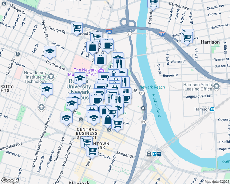 map of restaurants, bars, coffee shops, grocery stores, and more near 576 Broad Street in Newark