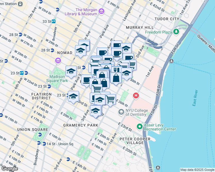 map of restaurants, bars, coffee shops, grocery stores, and more near 216 East 28th Street in New York