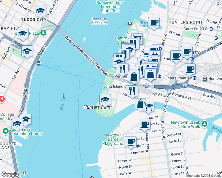 map of restaurants, bars, coffee shops, grocery stores, and more near 5241 Center Boulevard in Queens