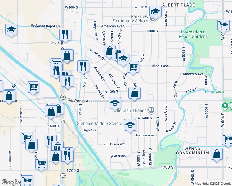 map of restaurants, bars, coffee shops, grocery stores, and more near 1425 West 1300 South in Salt Lake City