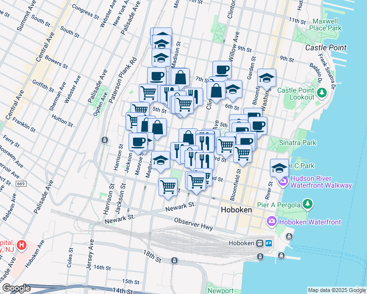 map of restaurants, bars, coffee shops, grocery stores, and more near 300 Grand Street in Hoboken