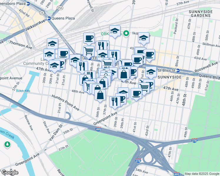 map of restaurants, bars, coffee shops, grocery stores, and more near 47-22 37th Street in Queens