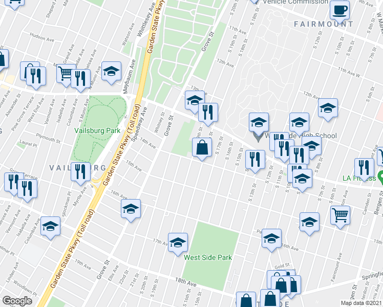 map of restaurants, bars, coffee shops, grocery stores, and more near 457 South 19th Street in Newark