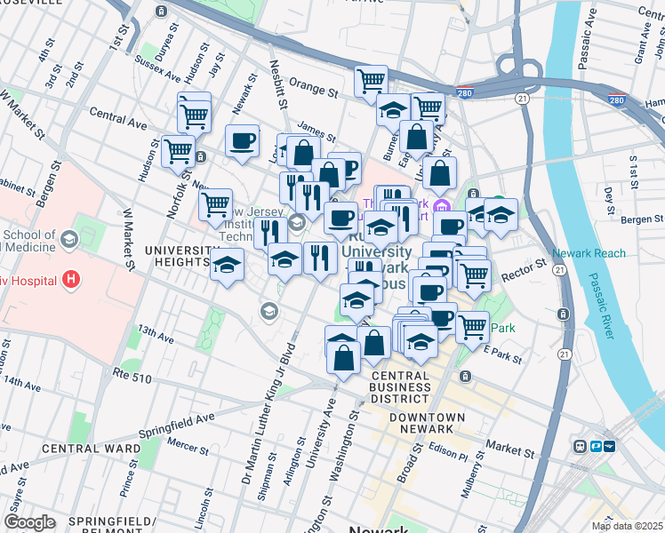 map of restaurants, bars, coffee shops, grocery stores, and more near 360 Doctor Martin Luther King Junior Boulevard in Newark