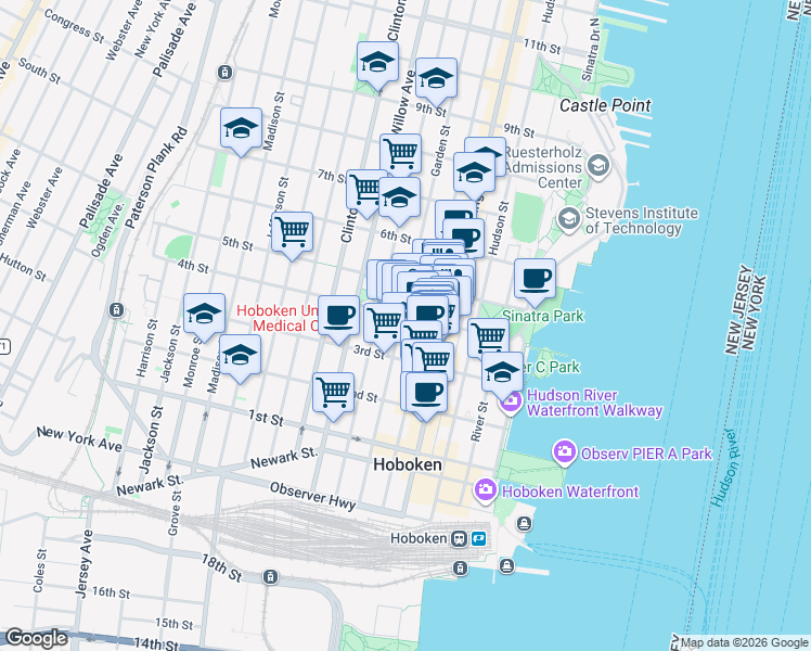 map of restaurants, bars, coffee shops, grocery stores, and more near 335 Garden Street in Hoboken