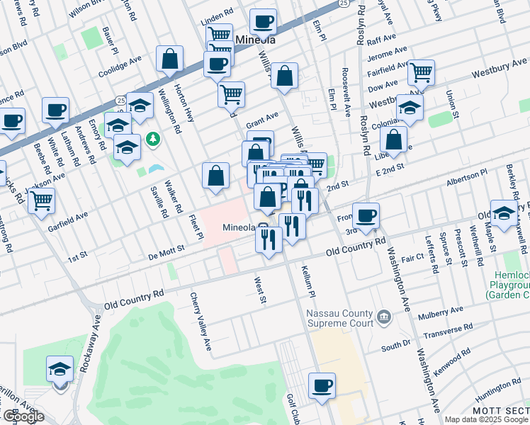 map of restaurants, bars, coffee shops, grocery stores, and more near in Mineola