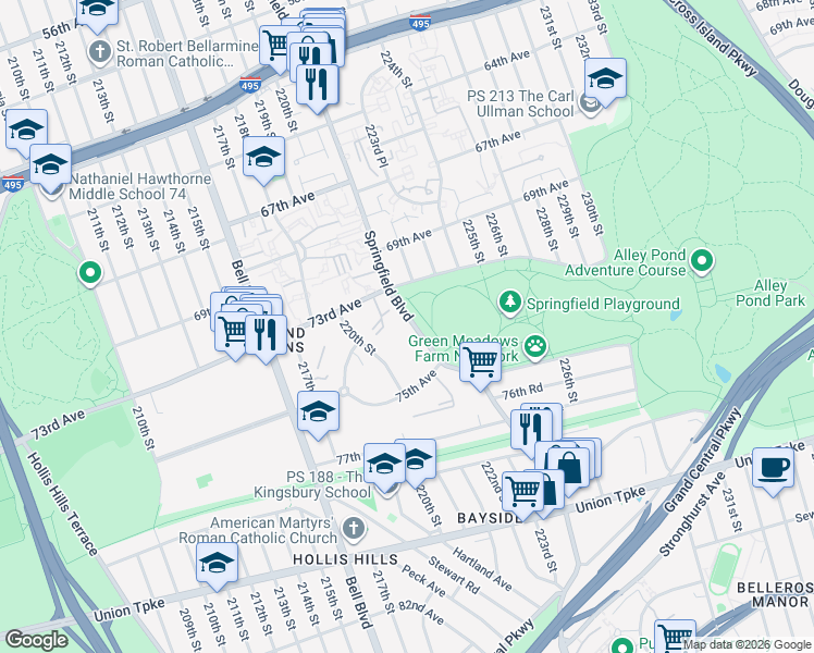 map of restaurants, bars, coffee shops, grocery stores, and more near 73-42 Springfield Boulevard in Queens