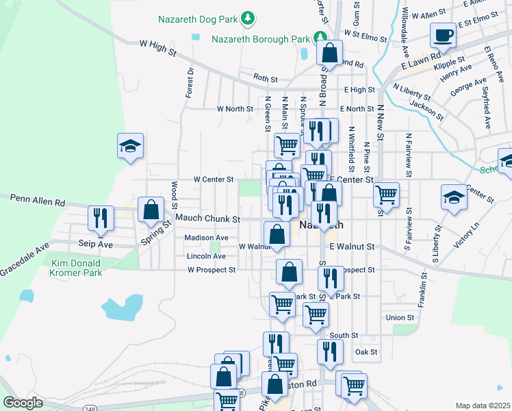 map of restaurants, bars, coffee shops, grocery stores, and more near 44 South Green Street in Nazareth