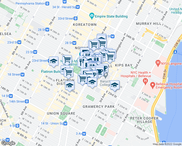 map of restaurants, bars, coffee shops, grocery stores, and more near 330 Park Avenue South in New York