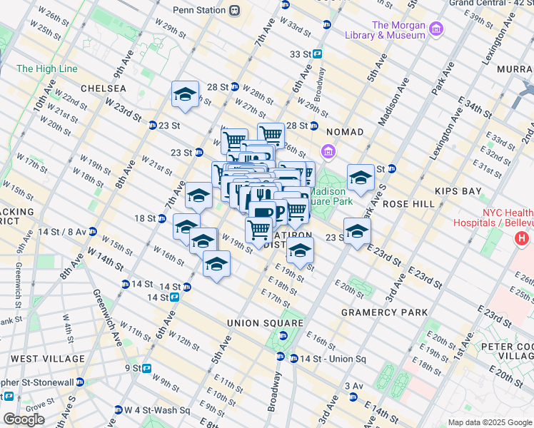 map of restaurants, bars, coffee shops, grocery stores, and more near 32 West 22nd Street in New York