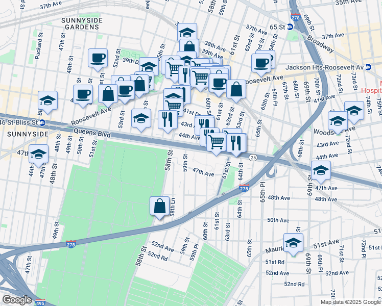 map of restaurants, bars, coffee shops, grocery stores, and more near in Queens