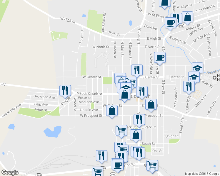 map of restaurants, bars, coffee shops, grocery stores, and more near 44 South Green Street in Nazareth