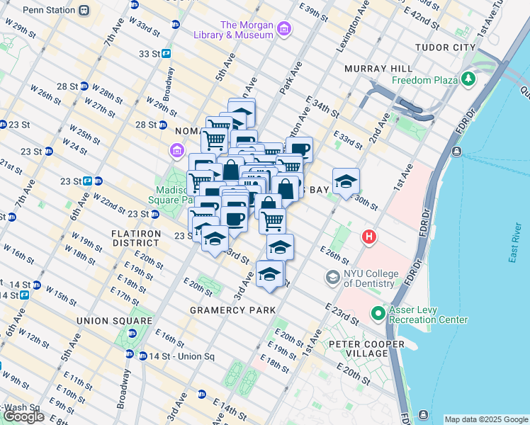 map of restaurants, bars, coffee shops, grocery stores, and more near 145 East 26th Street in New York