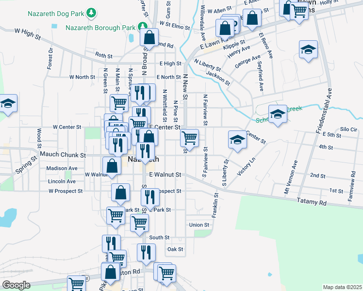 map of restaurants, bars, coffee shops, grocery stores, and more near 42 South New Street in Nazareth