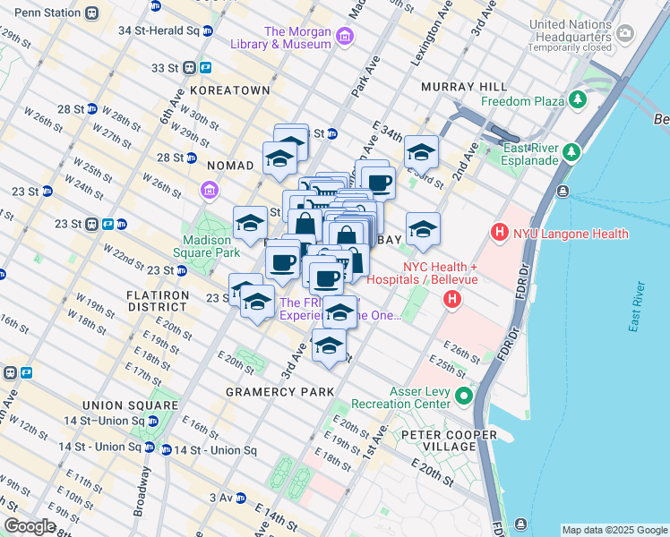 map of restaurants, bars, coffee shops, grocery stores, and more near 368 3rd Avenue in New York