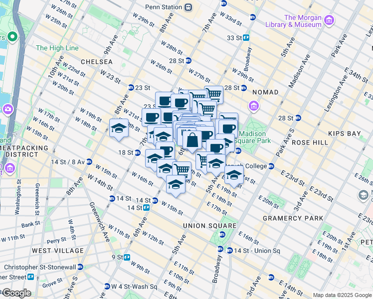 map of restaurants, bars, coffee shops, grocery stores, and more near 54 West 21st Street in New York