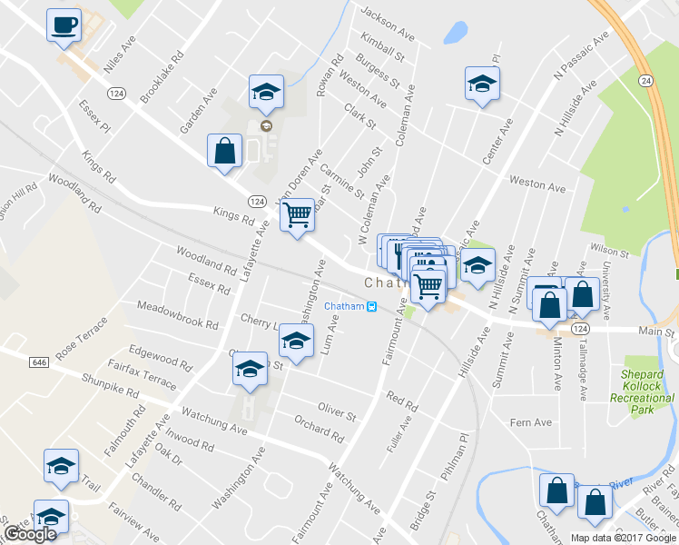 map of restaurants, bars, coffee shops, grocery stores, and more near 345 Main Street in Chatham