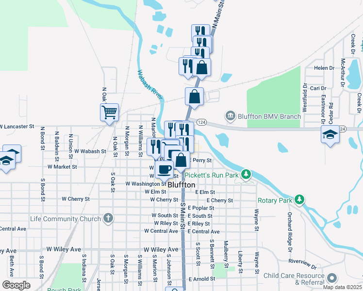 map of restaurants, bars, coffee shops, grocery stores, and more near 214 North Main Street in Bluffton