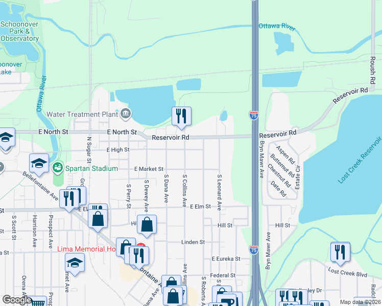 map of restaurants, bars, coffee shops, grocery stores, and more near 1520 East High Street in Lima