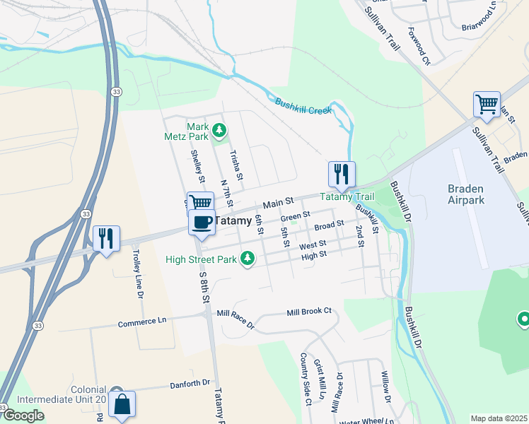 map of restaurants, bars, coffee shops, grocery stores, and more near in Tatamy